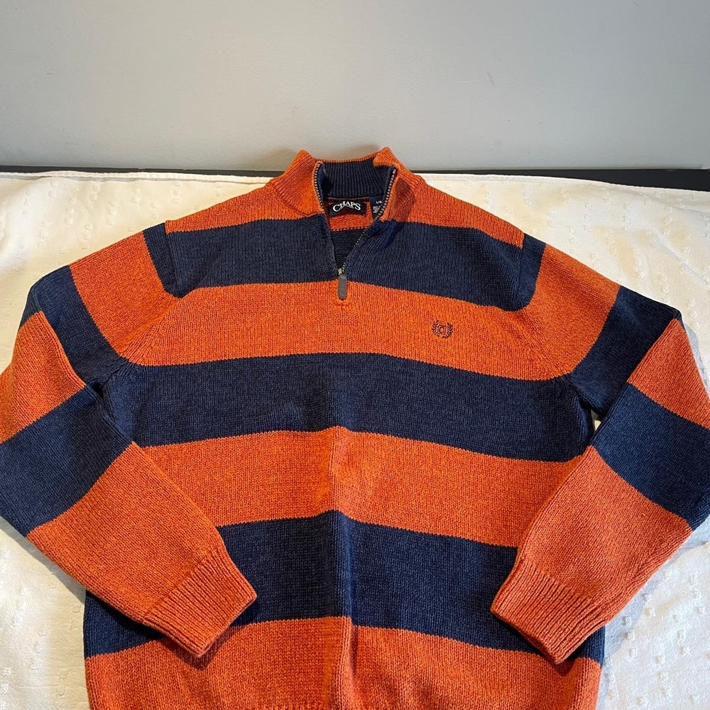 Chaps Men's Bold Orange and Navy Zip-Up Sweater 100% Cotton
